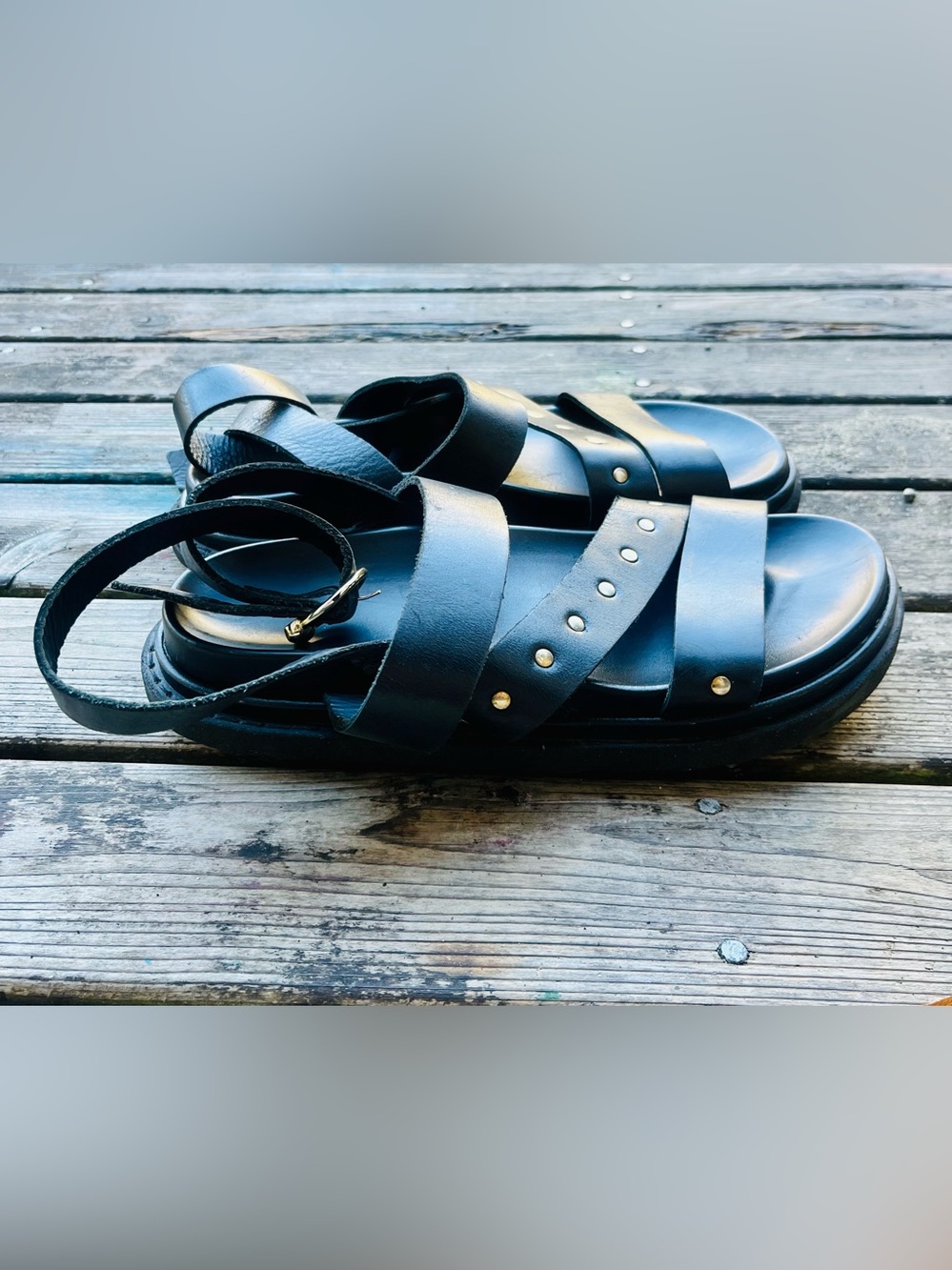 Alohas Buckle Up Black Leather Studded Strap Sandals - Picture 5 of 9